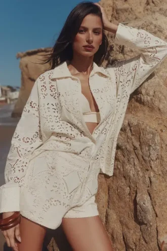 Pantalones Cortos Eman de algodón blanco con bordado inglés