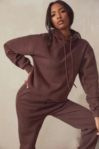 Sudadera con capucha oversize «Halo» de algodón con forro polar color chocolate