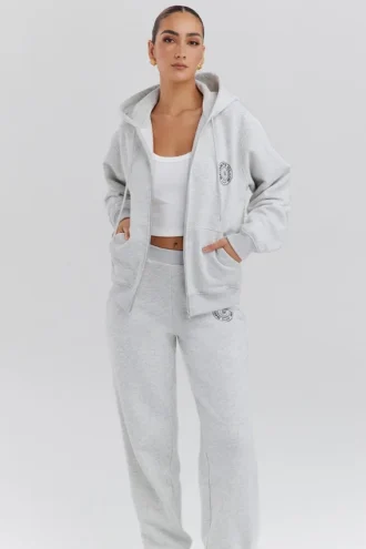 Sudadera con capucha y cremallera completa de algodón con forro polar en color gris claro jaspeado «Mirage»