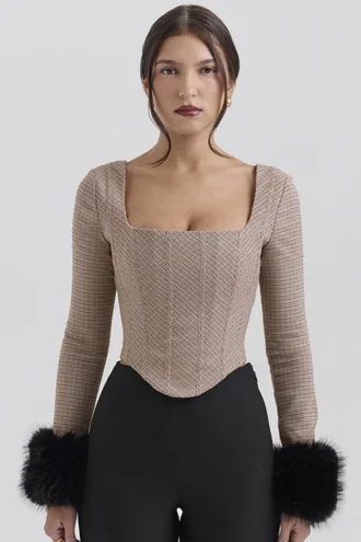 Top corsé «Antonia» marrón con estampado de pata de gallo