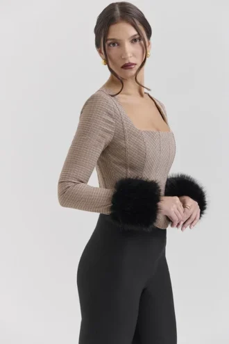 Top corsé «Antonia» marrón con estampado de pata de gallo