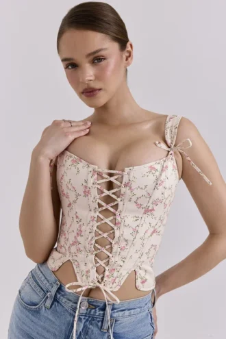 Top corsé de algodón con estampado floral vintage «Callie» en color crema