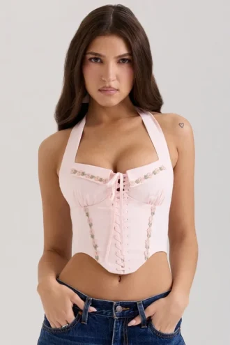 Top corsé de algodón elástico con bordado floral rosa Demi