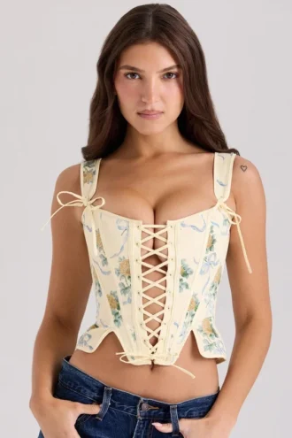 Top corsé reversible de algodón con estampado de rosas y limones «Callie»