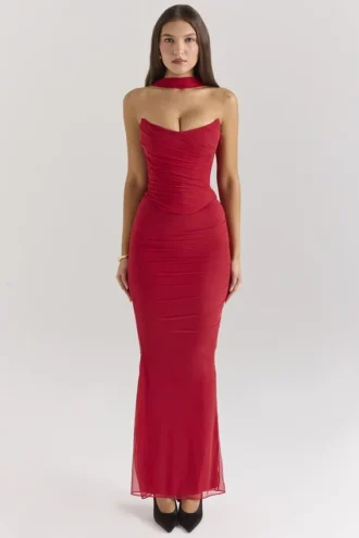 Top corsé sin tirantes Hallie Holly Red con bufanda desmontable para el cuello