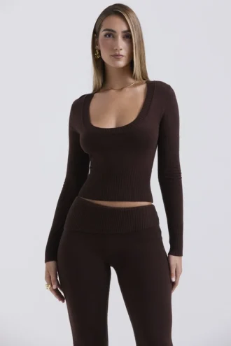 Top de cuello redondo «Raquel» en mezcla de cachemira color chocolate