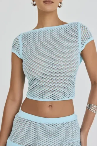 Top de punto con volantes y espalda abierta en color espuma de mar de Mistress Rocks – Rebajas