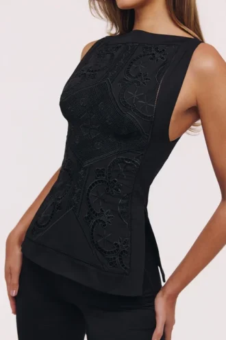 Top Valencia negro de algodón con encaje broderie anglaise y cuello barco