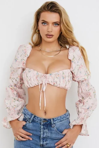 Tops bralette fruncido con estampado floral rosa «Henrietta»