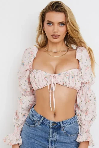 Tops bralette fruncido con estampado floral rosa «Henrietta»