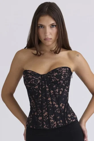 Tops corsés con varillas y encaje floral negro «Solaine»