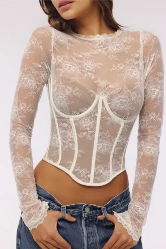 Tops corsés de manga larga Zoe Vintage en encaje marfil