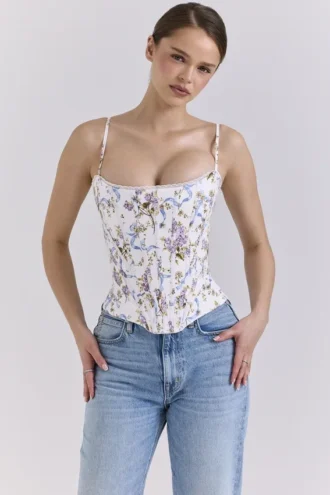 Tops de corsés de algodón con estampado floral y lazo en blanco «Cadie»