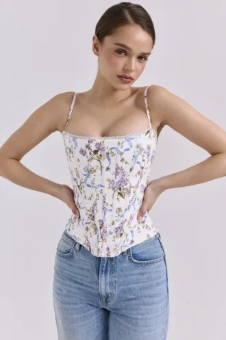 Tops de corsés de algodón con estampado floral y lazo en blanco «Cadie»