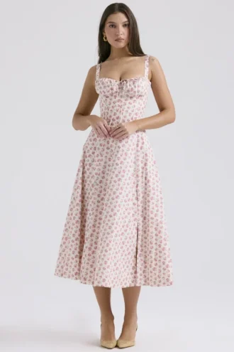Vestido bustier de algodón con estampado de capullos de rosa blancos «Carmen»