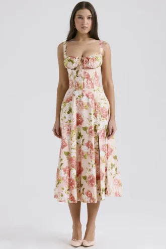 Vestido bustier de algodón con estampado de peonías rosas «Carmen»