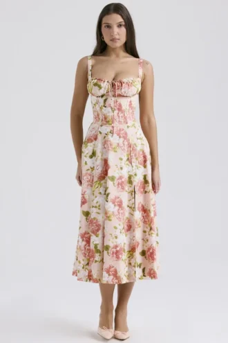 Vestido bustier de algodón con estampado de peonías rosas «Carmen»
