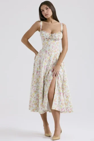 Vestido bustier de algodón con estampado de pradera azul pálido Carmen, Vestidos de Verano