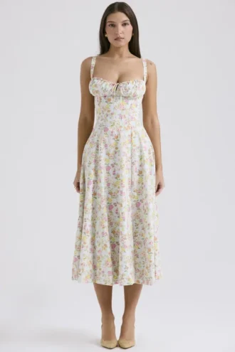 Vestido bustier de algodón con estampado de pradera azul pálido Carmen, Vestidos de Verano