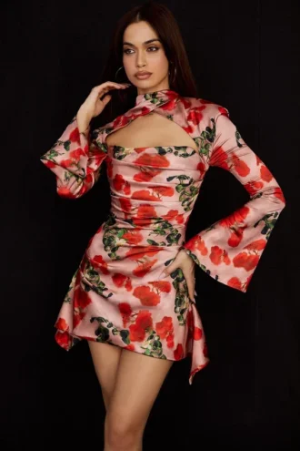 Vestido corsé drapeado con estampado de rosas Toira