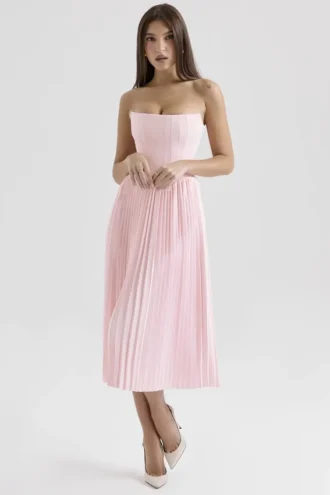 Vestido corsé midi plisado rosa Marci