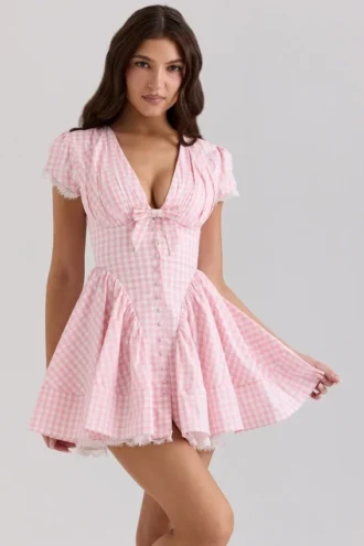 Vestido de algodón a cuadros vichy rosa «Emiliana»