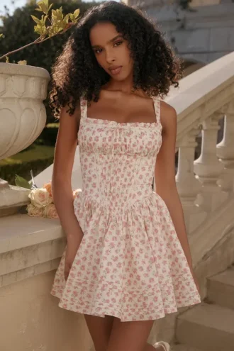 Vestido de algodón con estampado de capullos de rosa blancos «Natassia»