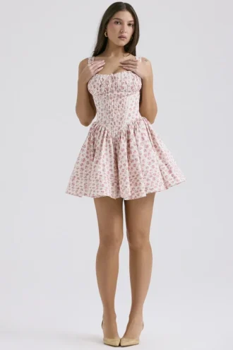 Vestido de algodón con estampado de capullos de rosa blancos «Natassia»