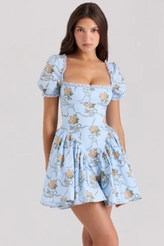 Vestido de algodón con estampado de rosas azules Rosie