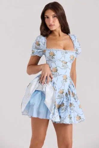 Vestido de algodón con estampado de rosas azules Rosie