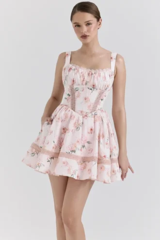 Vestido de algodón con estampado floral de rosas en color melocotón «Kimmie»
