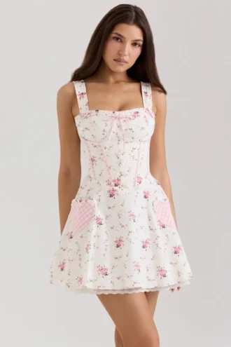 Vestido de algodón elástico con estampado de rosas en color crema de Marianella