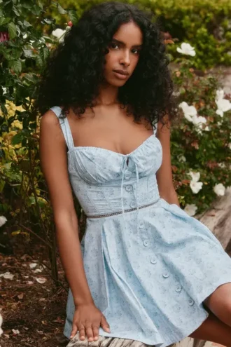 Vestido de algodón elástico con estampado floral azul «Calia»