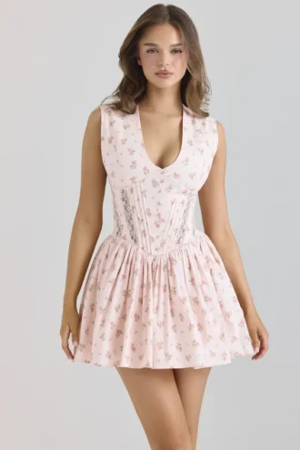 Vestido de algodón elástico con estampado floral en rosa Carmel