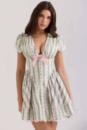 Vestido de algodón elástico con estampado floral y rayas verdes de Emiliana