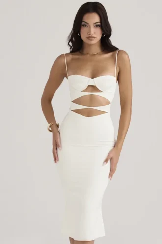 Vestido de corsé con aberturas de satén marfil Amalia