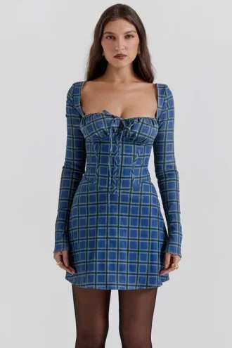 Vestido de corsé de tartán azul Malika