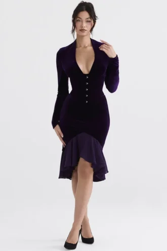 Vestido de corsé de terciopelo morado oscuro «Dahna»