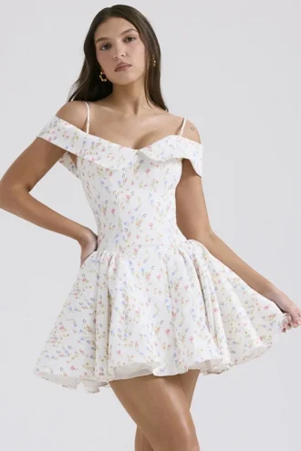 Vestido de corsé «Elida» con estampado de ramilletes blancos