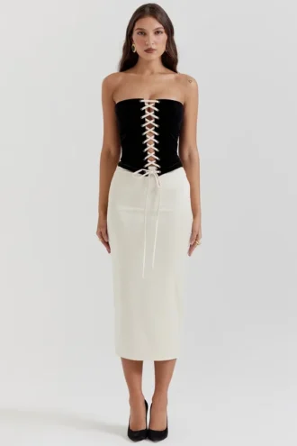 Vestido de corsé sin tirantes Jaina en negro y crema vintage