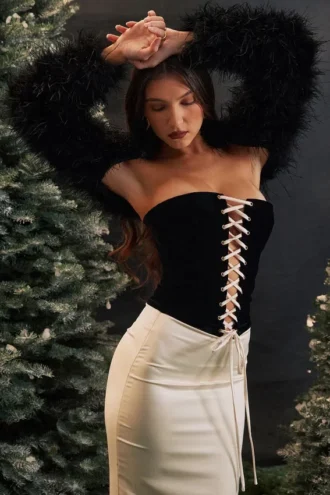 Vestido de corsé sin tirantes Jaina en negro y crema vintage