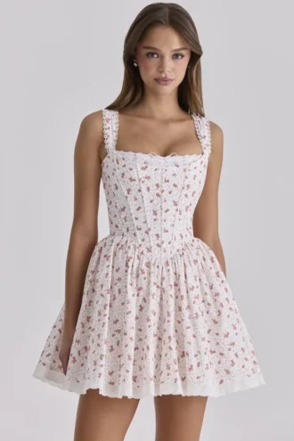 Vestido de corsés de algodón con estampado de rosas blancas «Ami»