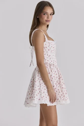 Vestido de corsés de algodón con estampado de rosas blancas «Ami»