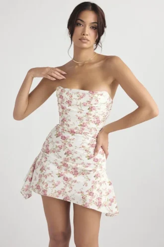 Vestido de corsés drapeado con estampado de rosas y jazmines