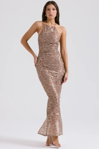 Vestido de Fiesta Giada con bordados y lentejuelas en oro rosa