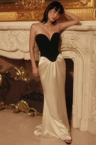 Vestido de Fiesta largo con corsé «Sorcha» en negro y champán
