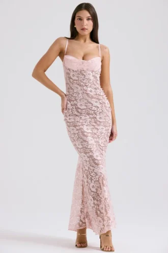 Vestido de Fiesta largo con godets de encaje rosa Azzurra