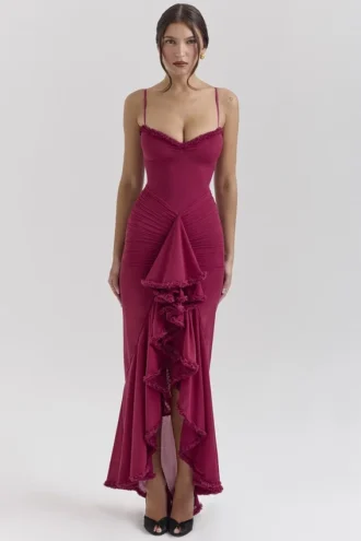 Vestido de Fiesta largo con volantes en la parte delantera de Gabbi Wine