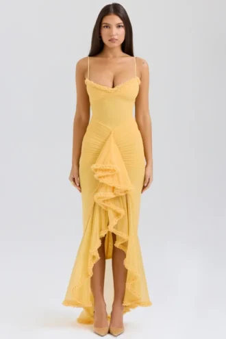 Vestido de Fiesta largo con volantes en la parte delantera «Gabbi» en color albaricoque