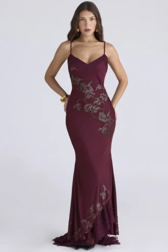 Vestido de Fiesta largo de satén con adornos de abalorios cosidos a mano «Anastelle Plum» – Edición limitada